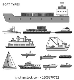 Boats and ships types. Military boat, powerboats, cargo boats, inflatable boat isolated on white. Line design