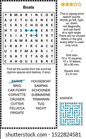 Boats and ships zigzag word search puzzle (suitable both for kids and adults). Answer included.