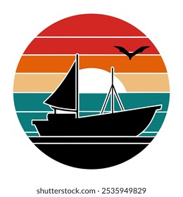 Boats silhouette on retro vintage background-vector