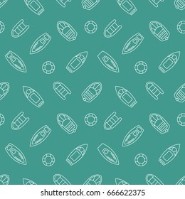 Boats Silhouettes Seamless Pattern With Linear Outline Ships Icons. Sailing Boat Background Design For Wrapping Paper, Paper Packaging, Textiles, Party Invitations, Greeting Card. Vector Illustration.