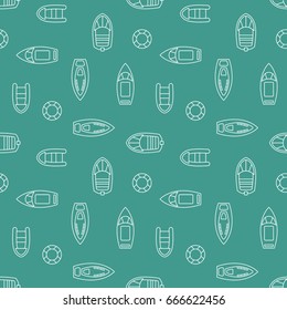 Boats silhouettes seamless pattern with linear outline ships icons. Sailing boat background design for wrapping paper, paper packaging, textiles, party invitations, greeting card. Vector illustration.