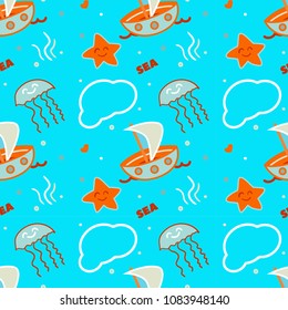 Boats and starfishes - seamless vector pattern for textile