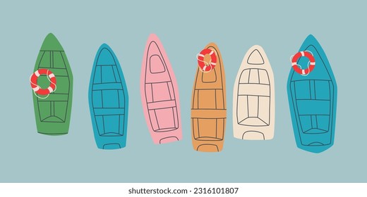 Boats top view. Small river boats, gondolas, kayaks or motorboats. Vector isolated illustration for design.