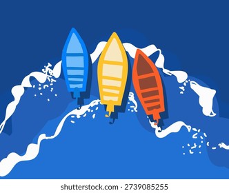 Boats top view. Small river boats, gondolas, kayaks or motorboats. Hand-drawn vector illustration.