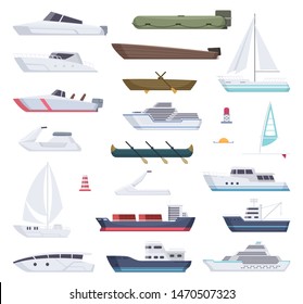 Boats. Water sea or ocean vessel small and big ships and sailor boats vector cartoon transport. Steamboat and kayak, yacht travel, transportation speedboat illustration