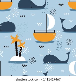 Boats, whales, hand drawn colored seamless pattern. Marine background vector. Colorful illustration, overlapping backdrop. Decorative cute wallpaper, good for printing