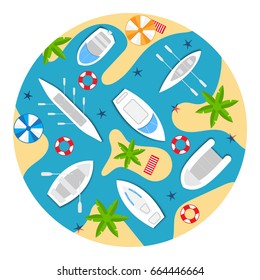 Boats and yachts sail between the little sandy tropical islands with palm trees. Top view design for flyers and brochures, postcards, banners, posters, broadsheets. Vector illustration.