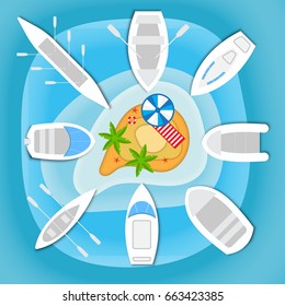 Boats and yachts sail to the little sandy tropical island with palm trees. Top view design for flyers and brochures, postcards, banners, posters, broadsheets. Vector illustration.