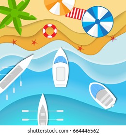 Boats and yachts sail to the sandy tropical island with palm trees. Top view design for flyers and brochures, postcards, banners, posters, broadsheets. Vector illustration.