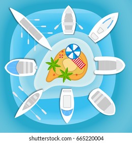 Boats and yachts sailed from the little sandy tropical island with palm trees. Top view design for flyers and brochures, postcards, banners, posters, broadsheets. Vector illustration.