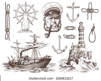 Boatswain with pipe. Lighthouse and sea captain, marine sailor, nautical travel by ship. engraved hand drawn vintage style. summer adventure. Seagoing vessel and rope knots. Boat wheel and anchor.