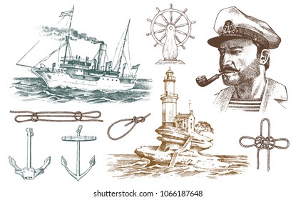 Boatswain with pipe. Lighthouse and sea captain, marine sailor, nautical travel by ship. engraved hand drawn vintage style. summer adventure. Seagoing vessel and rope knots. Boat wheel and anchor.