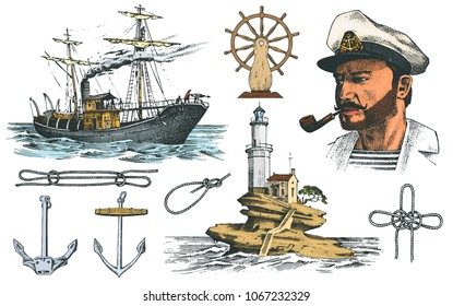 Boatswain with pipe. Lighthouse and sea captain, marine sailor, nautical travel by ship. engraved hand drawn vintage style. summer adventure. Seagoing vessel and rope knots. Boat wheel and anchor.