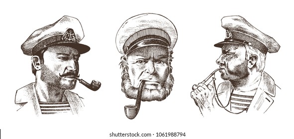 Boatswain with pipe. Portrait of a sea captain, Marine old sailor or bluejacket, whistle and seaman with beard or men seafarer. travel by ship or boat. engraved hand drawn in old vintage sketch.