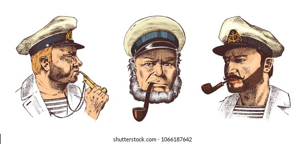 Boatswain with pipe. Portrait of a sea captain, Marine old sailor or bluejacket, whistle and seaman with beard or men seafarer. travel by ship or boat. engraved hand drawn in old vintage sketch.