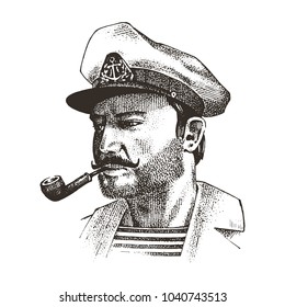 Boatswain with pipe. sea captain, marine old sailor or bluejacket, seaman with beard or men seafarer. travel by ship or boat. engraved hand drawn in old boho sketch.