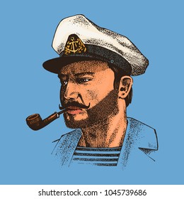 Boatswain with pipe. sea captain, marine old sailor or bluejacket, seaman with beard or men seafarer. travel by ship or boat. engraved hand drawn in old boho sketch.