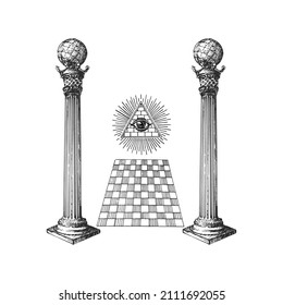 Boaz And Jachin Columns And Eye Of Providence, Vector Illustration Concept In Engraving Style. Vintage Pastiche Of Freemasonry Signs. Drawn Sketch Of Occult And Mystical Symbols.