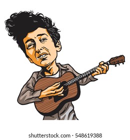 Bob Dylan Cartoon Playing Guitar. Cartoon Caricature Vector. January 4, 2017