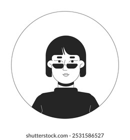 Bob hair korean woman sunglasses black and white 2D avatar illustration. Asian girl stylish glasses outline vector character face isolated. Head and shoulders. Round frame user profile image portrait