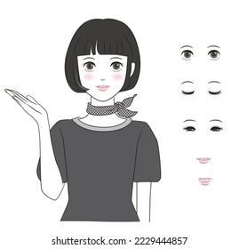Bob hair woman to guide, facial expression parts