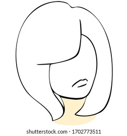 Bob haircut with full side bangs. Isolated black and white vector illustration. Option 008.