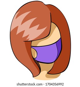 Bob haircut with full side bangs with a medical mask. Isolated color vector illustration. Option 008med.