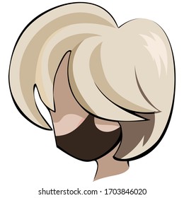 Bob haircut with long choppy bangs with a medical mask. Isolated color vector illustration. Option 010med.