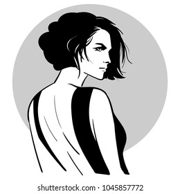 Bob hairstyle beautiful woman portrait in black open back dress  Looking over her shoulder  Vector  Black   white style  Illustration 