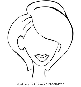 Bob With A Long Swoop Bangs. Fullface. Isolated Black And White Vector Illustration. Option 015.