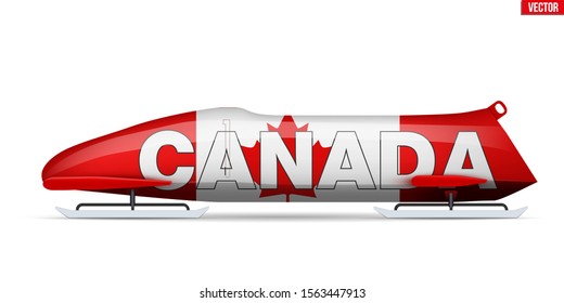 Bob sleighs with Canada flag and text. Bobsleigh Sport Country Symbol. Side view. National team for Bobsled and Skeleton. Vector Illustration isolated on white background.