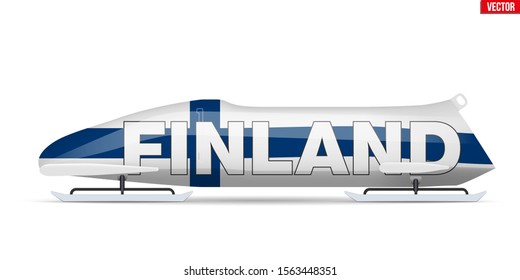 Bob sleighs with Finland flag and text. Bobsleigh Sport Country Symbol. Side view. National team for Bobsled and Skeleton. Vector Illustration isolated on white background.