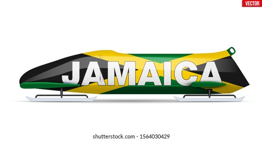 Bob sleighs with Jamaica flag and text. Bobsleigh Sport Country Symbol. Side view. National team for Bobsled and Skeleton. Vector Illustration isolated on white background.