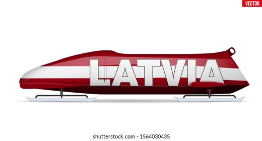 Bob sleighs with Latvia flag and text. Bobsleigh Sport Country Symbol. Side view. National team for Bobsled and Skeleton. Vector Illustration isolated on white background.