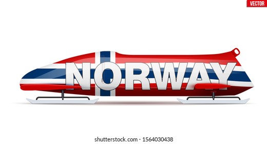 Bob sleighs with Norway flag and text. Bobsleigh Sport Country Symbol. Side view. National team for Bobsled and Skeleton. Vector Illustration isolated on white background.