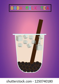 Boba (black bubbles) milk tea with ice poster menu (vector)