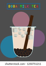 BOBA (black bubbles) Taiwan milk tea back ground with dark grey color and colorful circle vector menu (poster).