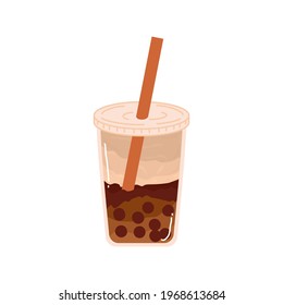 Boba. Bubble Milk Tea drink. Sweet drink with the taste of fresh Tea milk and liquid chocolate added with Taiwan pearl. A drink with a flat Plastic cup. Vector and illustration. 