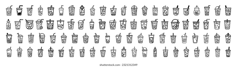 Boba or bubble milk tea drink icons. Pack of bubble milk tea icons on white background. Trendy beat signs for website, apps and UI. Flat design outline for logo, icon and design.