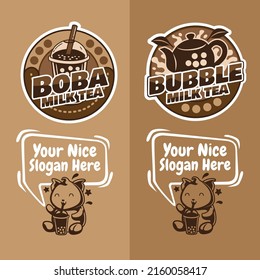 Boba Bubble Milk Tea Logo, mascot and slogan Vector Design