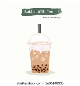 Boba bubble milk tea with tapioca on white background. Pearl milk tea, black delicious pearls is Taiwanese famous. Popular drink. Vector illustration