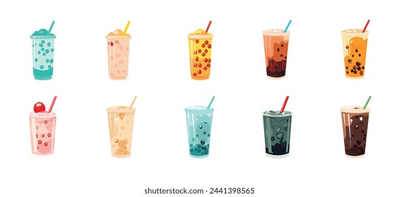 Boba o té de burbujas en ilustración vectorial de diseño plano, té de leche boba en tazas de plástico con paja
