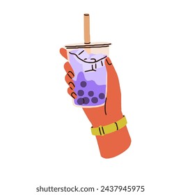 Té de la burbuja Boba en la mano. Bebida de leche de taro tailandés, bebida de perla de tapioca. Sosteniendo Asia Taiwán burbujas de un refresco en vidrio con paja. Ilustración vectorial gráfica plana aislada sobre fondo blanco