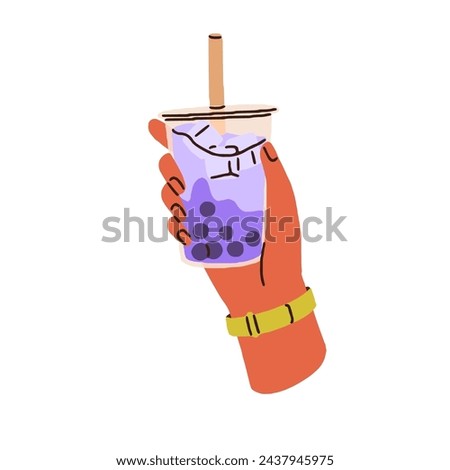 Boba bubble tea in hand. Thai taro milk drink, tapioca pearl beverage. Holding Asian Taiwan bubbletea refreshment in glass with straw. Flat graphic vector illustration isolated on white background