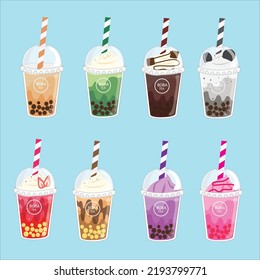 boba bubble tea ice tea vector set for cafe dessert and drinks.