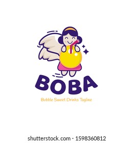 Boba bubble tea logo, Sweet angel icon flying holding a bubble drink