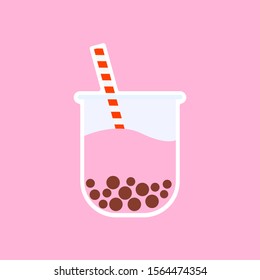 Boba Bubble Tea or Milk Cocktail.  Retro illustration of strawberry bubble tea or milkshake on pink background. Can be used for greeting cards, party invitations or menu