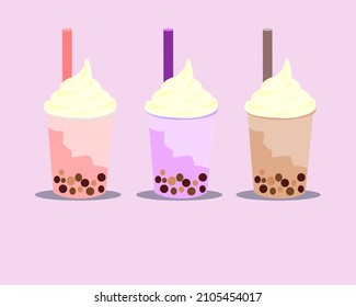 Boba bubble tea pearl taiwan thai tapioca drink. Vector illustrations. Cartoon style. Flat designs.