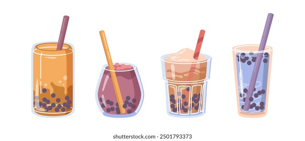 Boba bubble tea served in cups and straws to go. Vector isolated set of organic natural pear beverages with ice cubes. Cafe or restaurant menu for hipsters. tropical fruit flavor of drinks