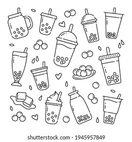 Boba drink doodle hand drawn vector icons for boba shop wallpaper decoration vector illustration